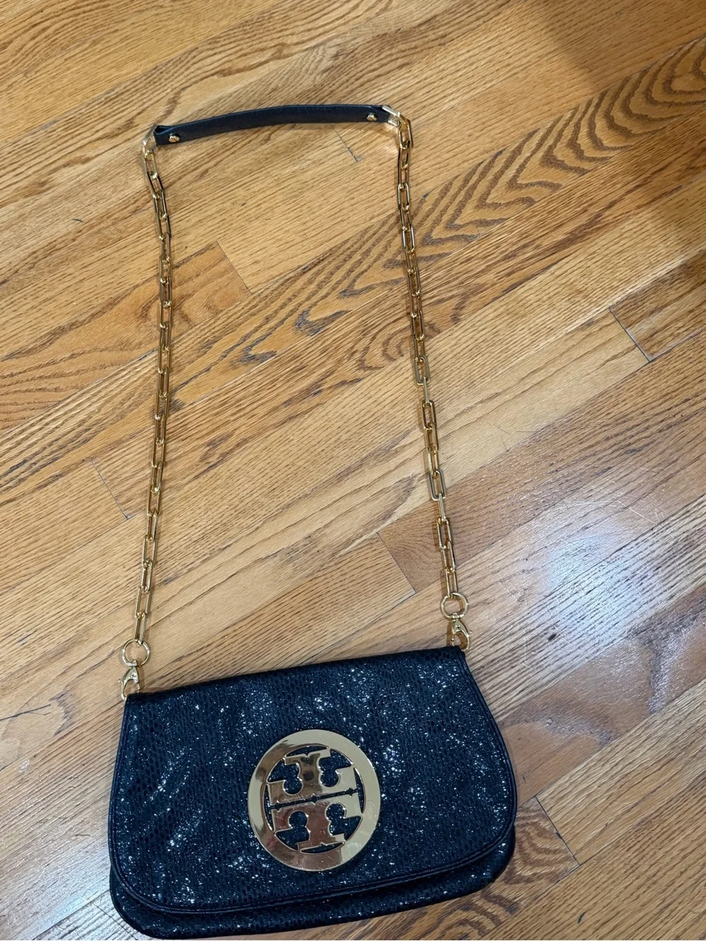 Tory Burch Reva Black Snake Embossed Clutch Crossbody Gold Chain